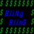 Pixelated animated contact sheet showing three frames of a buddy icon with dollar signs, text variations, and pink stylized branding on black background.