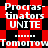 Red and black pixelated pattern with repeated white text "Procrastinators UNITE" and "Tomorrow" in a