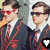 A person in a dark blazer with red trim and a red tie appears in with changing sunglasses and a heart icon overlay