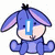 Blue cartoon donkey with pink inner ears sits in four showing text overlays and a rear view