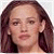 Pixelated close-up of a person with long dark brown hair, light skin, and closed eyes against a light gray background.