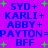 Static pixel art with blue text on purple background, green plus signs scattered around, repeated names and 'BFF' in a pattern