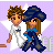 Pixel art of two figures standing together under a white star on purple background, with text 'CRAZY IN LOVE' and pink heart symbols.