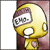 Pixelated yellow cartoon character with large white eyes and a wide open mouth, set against a maroon background with a white vertical stripe on the left.