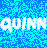 Two side-by-side animated frames of a pixelated blue background with the text "QUINN" in white and black lettering.