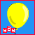 A green cartoon character with a yellow-and-red striped hat holds a black string attached to a large yellow balloon against a blue background, with red 'yay' text below.