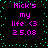 Pixelated text displays 'Nick's my life <3 2.5.08' in bright pink on black with cyan dots, repeated across four identical