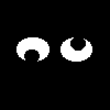 Four white crescent shapes on black background, each with distinct curved cutouts and pixelated edges.