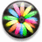 Circular icon with black background and colorful radial stripes in pink, orange, yellow, green, blue, purple; central dark circle; glossy finish.