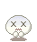 Pixelated white circular character with X eyes and red mouth, standing on brown ground under blue text.