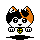 Pixel art of a calico cat with orange, black, and white fur in four poses: front-facing, side view left, back view, and side view right.