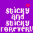 Purple background with white pixelated text reading 'sticky and sticky forever!' in four identical , each featuring a red heart or starburst animation above the text