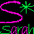 Pixelated text and star symbols in bright pink and green on black background, with 'S' shapes above 'Sarah Sarah' text.