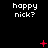 Black background with repeated white text 'happy nick?' and scattered red pixelated symbols including plus signs, asterisks, and dots.