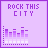 Six display 'ROCK THIS CITY' text above audio equalizer bars in varying purple and white pixelated patterns on a light purple background