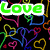 Animated icon with neon-style heart outlines in multiple colors on a black background, featuring 'Love' text at top and 'Swim' text at bottom.
