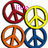 peace sign icons in red, yellow, orange, and blue with pink text overlays reading 'live', 'love', and 'laugh' on a white background
