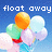 Pixelated image with blue gradient background showing four balloons and text reading 'float away' in white block letters.