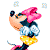 Pixelated Minnie Mouse icon with pink bow, black ears, yellow dress, and white polka dots, showing head turning motion against gray background.