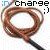 Brown coiled rope with black handle and text 'in charge :)' in pixelated font, displayed in three variations with differing text color and background.