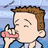 Pixelated cartoon character with brown hair and closed eyes holds a pink object near their mouth against a blue background.