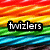 Rainbow striped background with horizontal bands of red, orange, yellow, green, blue, and black; text "twizlers" in white or purple on a black rectangle.