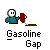 Pixelated character in teal shirt and blue pants holds red cup, then brown stick, then yellow flame over brown ground with "Gasoline Gap" text below.