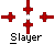 Red cross-shaped pixel art icons with white text 'Slayer' below, arranged in a with varying cross configurations and some frames showing small figures with white faces and dark clothing