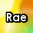 Pixelated text 'Rae' in white with black outline on a gradient background transitioning from yellow to orange and green.