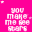 A bright pink background displays repeated white pixelated text "you make me see stars" with scattered white stars, some text variations, and a gray rectangle in the bottom-right corner.