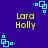Pixelated blue background with yellow text 'Lara Holly' and cyan square patterns in multiple positions.
