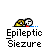Animated contact sheet of a 48x48 pixel buddy icon showing sequential frames of a yellow stick figure with a white head and red eyes, repeatedly falling over while the text "Epileptic Seizure" appears below it.