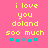 Yellow pixelated text on pink background reads 'i love you doland soo much' with two of blue and gray star icons below