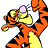Pixelated orange tiger with black stripes holds a pink balloon, yellow belly visible, white background, text 'LOVES' and 'TiGGER' below, 'CELESTE' above.