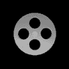 A grayscale film reel animation showing sequential rotation and perspective shifts , with varying hole configurations