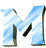 Multiple blue and white striped 'M' letters arranged in a on gray background, each with slight variations in orientation