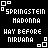 Pixelated black-and-white text-based animation with multiple frames showing changing phrases about Madonna's 1980s music career and high school context, arranged in a contact sheet layout.