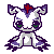 A 4x4 contact sheet of a pixel art animated icon showing a small white and purple creature with green eyes, red crest, and dark purple limbs in various expressions across 15 frames.