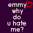 Pixelated text on dark purple background with red heart symbol above 'emmy' in left , identical text in right