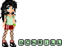 Pixelated cartoon character with long black hair, light green shirt, red shorts, and patterned tights stands against gray background; text below reads "CHARLIE" in blocky letters.