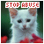 Pixelated image of a light-colored cat with dark eyes and nose, positioned below red text reading "STOP ABUSE" on white background.