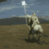 Animated sequence of a rider on a horse holding a glowing staff, moving across a landscape with changing light effects.
