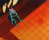 Animated sequence showing a character with pink hair and blue armor performing a move on a tiled floor, followed by a blue energy burst and a character with white hair in an orange outfit.