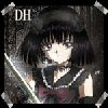 Anime-style girl with black hair and bangs, wearing a dark sailor uniform with white trim and maroon bow, holding a sword-like object against a textured background.