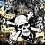 Pixelated static image of a white skull with black eye sockets and nasal cavity, surrounded by yellowish-brown skeletal fragments against a dark, mottled background.