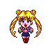 Pixel art animation of a character with golden pigtails and a blue outfit, transforming into a winged bear-like creature with purple wings and a pink heart on its chest.
