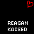 Red pixelated heart symbol above two identical white text blocks reading REAGAN KAISER on black background.