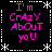 Four identical display pink text on black with white decorative borders, each reading "I'm CrAzY AbOuT yoU" in mixed-case pixelated font