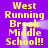 Yellow pixelated text on purple background reads "West Running Brook Middle School!!" with animated white light trails moving across the image.