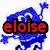 Blue pixelated character with white eyes and limbs, displaying sequential text overlays: 'eloise' in red, then 'is' in purple, finally 'cool' in cyan.